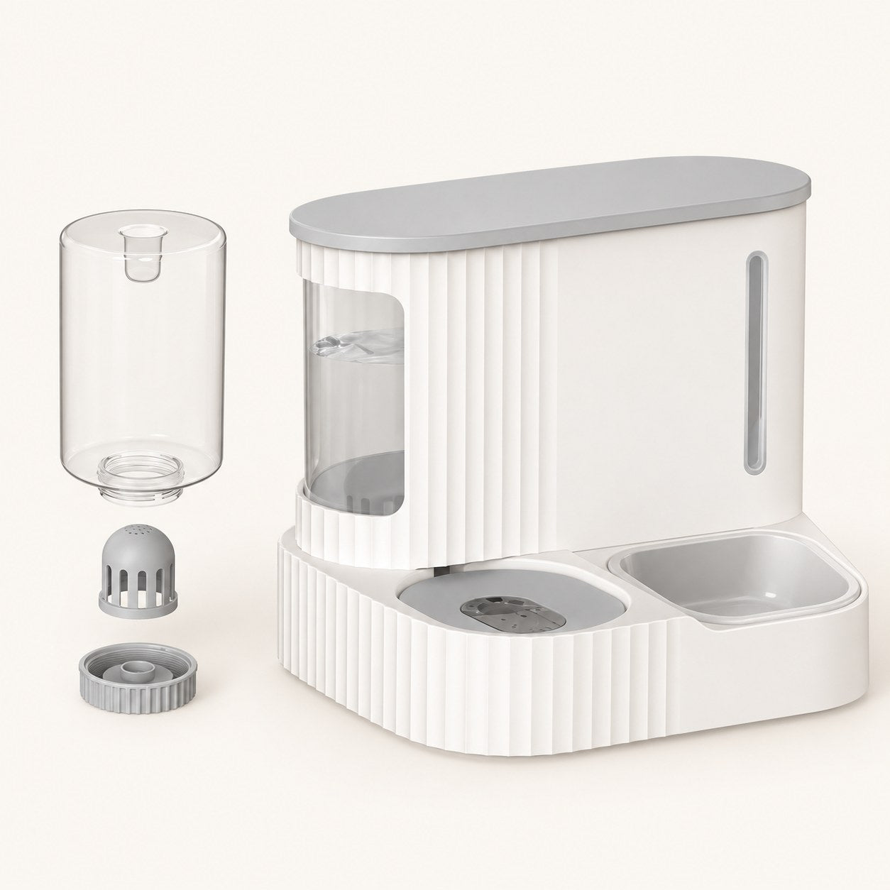 Duo removable water bottle, cap and collar beside the feeding station