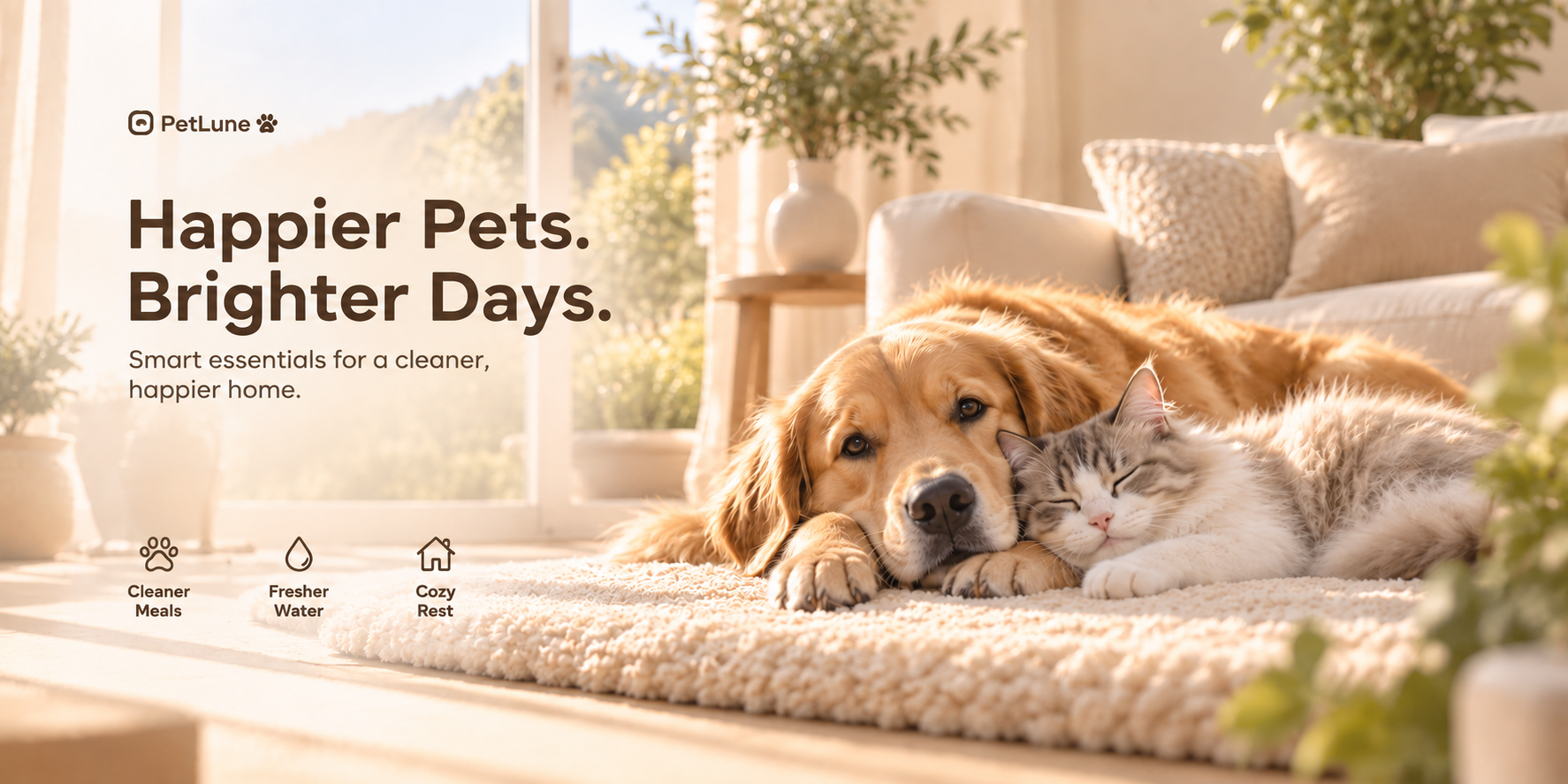 PetLune — Happier Pets. Brighter Days. Dog and cat relaxing together in a warm home.